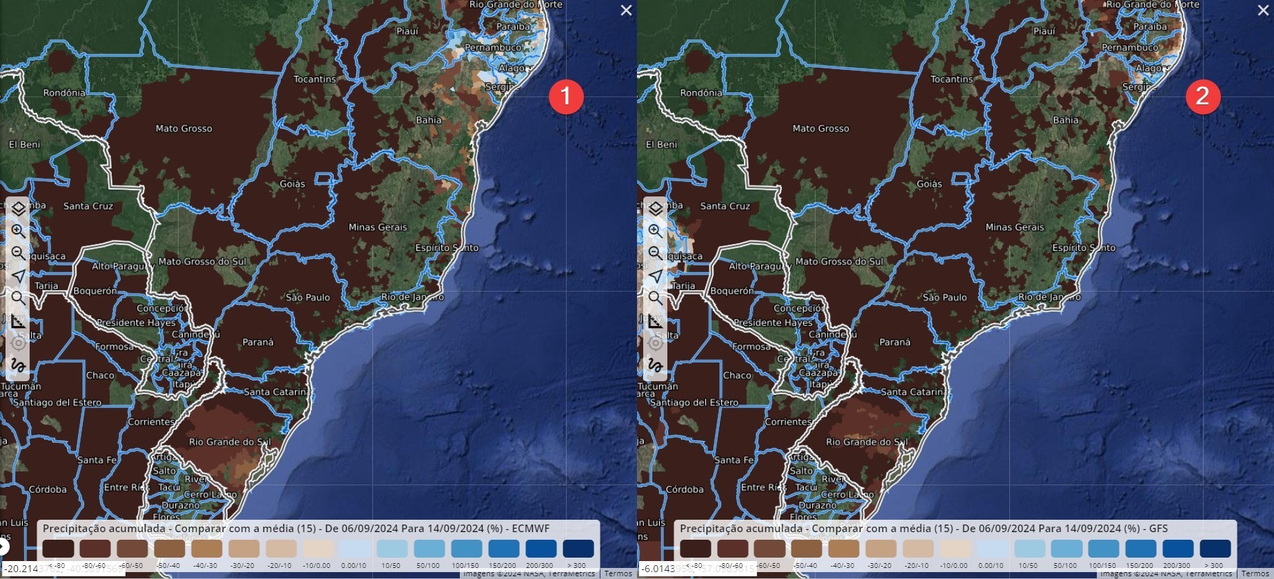 Previsão para os próximos 15 dias do ECMWF (mapa1) e GFS (mapa2) Divulgação / EarthDaily Agro